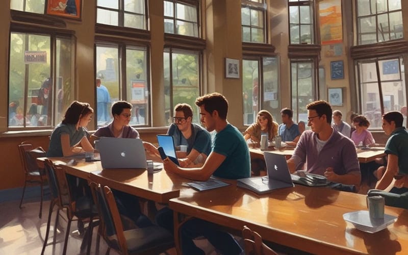 people working on laptops in a cafe