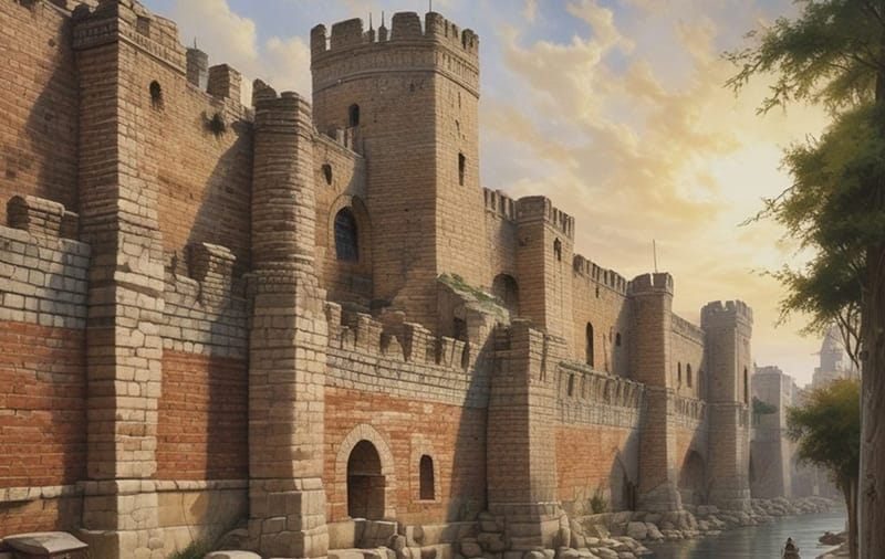 A digital illustration of the Theodosiana Walls of Constantinople, showing a massive stone and brick fortification with defensive towers and a water-filled moat at sunset.
